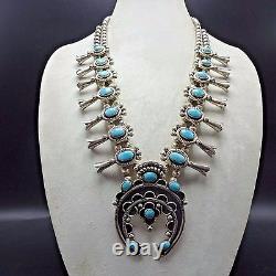 Vintage NAVAJO Sterling Silver SLEEPING BEAUTY Turquoise SQUASH BLOSSOM Necklace