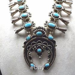 Vintage NAVAJO Sterling Silver SLEEPING BEAUTY Turquoise SQUASH BLOSSOM Necklace