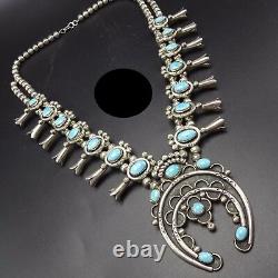 Vintage NAVAJO Sterling Silver SLEEPING BEAUTY Turquoise SQUASH BLOSSOM Necklace