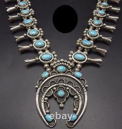 Vintage NAVAJO Sterling Silver SLEEPING BEAUTY Turquoise SQUASH BLOSSOM Necklace