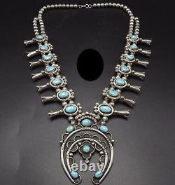 Vintage NAVAJO Sterling Silver SLEEPING BEAUTY Turquoise SQUASH BLOSSOM Necklace