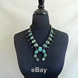 Vintage NAVAJO Sterling Silver SMOKY BISBEE Turquoise SQUASH BLOSSOM Necklace