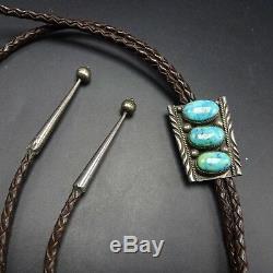 Vintage NAVAJO Sterling Silver & TURQUOISE BOLO Tie, Leather Cord Sterling Tips