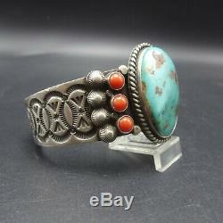 Vintage NAVAJO Sterling Silver TURQUOISE CORAL Cuff BRACELET Hand Stamped Inner