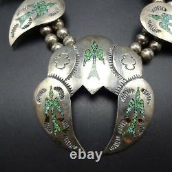 Vintage NAVAJO Sterling Silver TURQUOISE Chip Inlay BIRD Squash Blossom NECKLACE