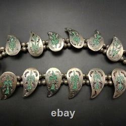 Vintage NAVAJO Sterling Silver TURQUOISE Chip Inlay BIRD Squash Blossom NECKLACE