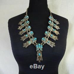 Vintage NAVAJO Sterling Silver TURQUOISE KACHINA Squash Blossom NECKLACE 188.6g