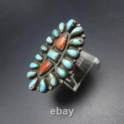 Vintage NAVAJO Sterling Silver TURQUOISE and CORAL Cluster RING size 8.75