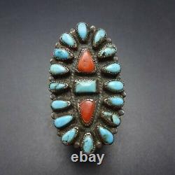 Vintage NAVAJO Sterling Silver TURQUOISE and CORAL Cluster RING size 8.75