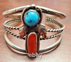 Vintage NAVAJO Sterling Silver TURQUOISE and CORAL Cuff BRACELET
