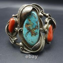 Vintage NAVAJO Sterling Silver TURQUOISE and OLD RED MED CORAL Cuff BRACELET