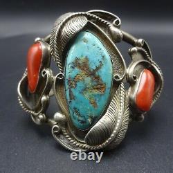Vintage NAVAJO Sterling Silver TURQUOISE and OLD RED MED CORAL Cuff BRACELET