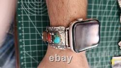 Vintage NAVAJO Sterling Silver Turquoise & Coral Apple Watch Band