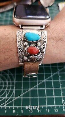 Vintage NAVAJO Sterling Silver Turquoise & Coral Apple Watch Band