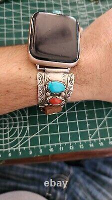 Vintage NAVAJO Sterling Silver Turquoise & Coral Apple Watch Band