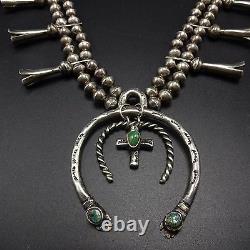 Vintage NAVAJO Sterling Silver & Turquoise SQUASH BLOSSOM Necklace, Double Naja