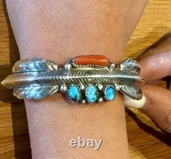 Vintage Native Amer. Navajo Sterling Silver Turquoise Coral Cuff Bracelet Signed