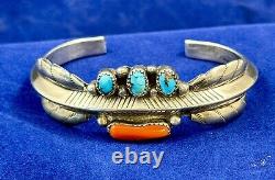 Vintage Native Amer. Navajo Sterling Silver Turquoise Coral Cuff Bracelet Signed