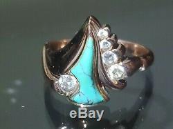 Vintage Native American 14k Gold With Natural Diamonds & Turquoise Ring sz 9