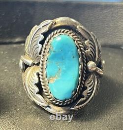 Vintage Native American Handmade Signed Navajo Turquoise Ring Size 10 A2