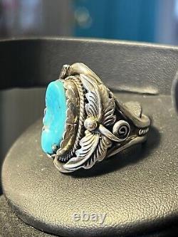 Vintage Native American Handmade Signed Navajo Turquoise Ring Size 10 A2