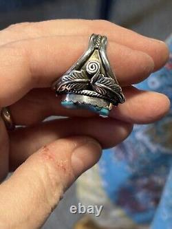 Vintage Native American Handmade Signed Navajo Turquoise Ring Size 10 A2