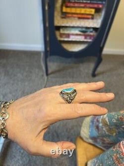 Vintage Native American Handmade Signed Navajo Turquoise Ring Size 10 A2