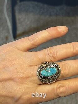 Vintage Native American Handmade Signed Navajo Turquoise Ring Size 10 A2