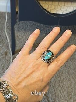 Vintage Native American Handmade Signed Navajo Turquoise Ring Size 10 A2