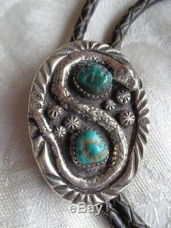 Vintage Native American Indian Navajo Snake Turquoise Casted Silver Bolo Tie