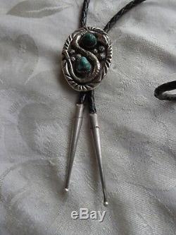 Vintage Native American Indian Navajo Snake Turquoise Casted Silver Bolo Tie