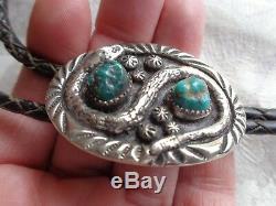 Vintage Native American Indian Navajo Snake Turquoise Casted Silver Bolo Tie