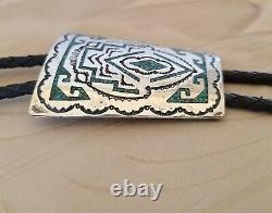 Vintage Native American Nakai Signed Sterling Silver & Turquoise Bolo Tie 2.25