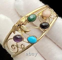 Vintage Native American Navajo 12KGF Turquoise Multi Gem Open Lace Cuff Bracelet