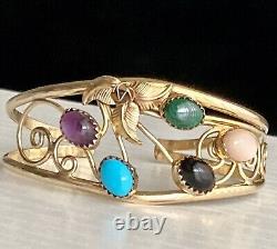 Vintage Native American Navajo 12KGF Turquoise Multi Gem Open Lace Cuff Bracelet