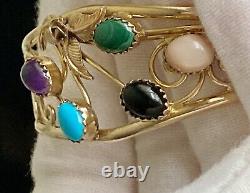 Vintage Native American Navajo 12KGF Turquoise Multi Gem Open Lace Cuff Bracelet