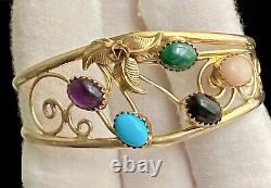 Vintage Native American Navajo 12KGF Turquoise Multi Gem Open Lace Cuff Bracelet