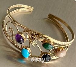 Vintage Native American Navajo 12KGF Turquoise Multi Gem Open Lace Cuff Bracelet