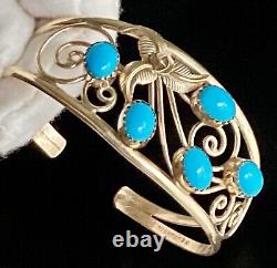 Vintage Native American Navajo 12KGF Turquoise Stones Open Lace Cuff Bracelet