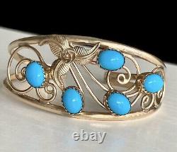 Vintage Native American Navajo 12KGF Turquoise Stones Open Lace Cuff Bracelet