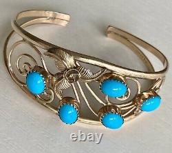 Vintage Native American Navajo 12KGF Turquoise Stones Open Lace Cuff Bracelet