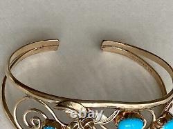 Vintage Native American Navajo 12KGF Turquoise Stones Open Lace Cuff Bracelet