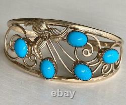 Vintage Native American Navajo 12KGF Turquoise Stones Open Lace Cuff Bracelet