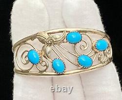 Vintage Native American Navajo 12KGF Turquoise Stones Open Lace Cuff Bracelet