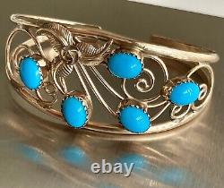 Vintage Native American Navajo 12KGF Turquoise Stones Open Lace Cuff Bracelet