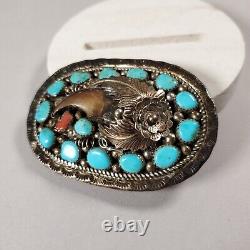 Vintage Native American Navajo Belt Buckle Sterling Silver Coral Turquoise 56 g