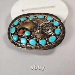 Vintage Native American Navajo Belt Buckle Sterling Silver Coral Turquoise 56 g