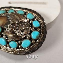 Vintage Native American Navajo Belt Buckle Sterling Silver Coral Turquoise 56 g