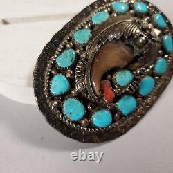 Vintage Native American Navajo Belt Buckle Sterling Silver Coral Turquoise 56 g