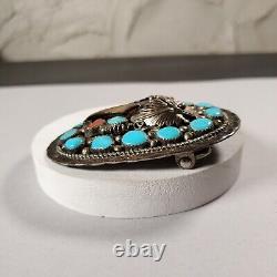 Vintage Native American Navajo Belt Buckle Sterling Silver Coral Turquoise 56 g